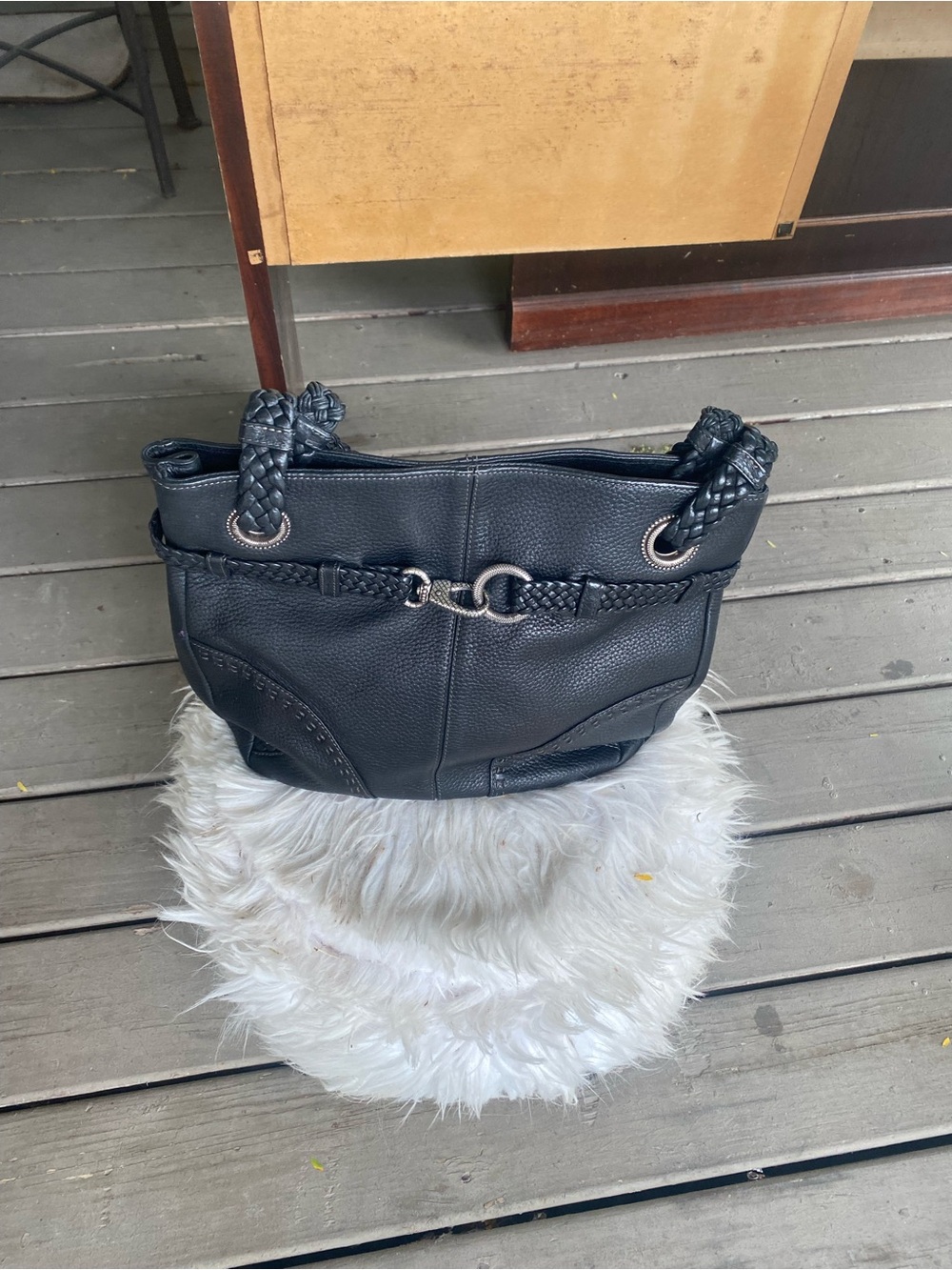 Brighton Black Pebbled Leather Shoulder Bag with Braided Handles